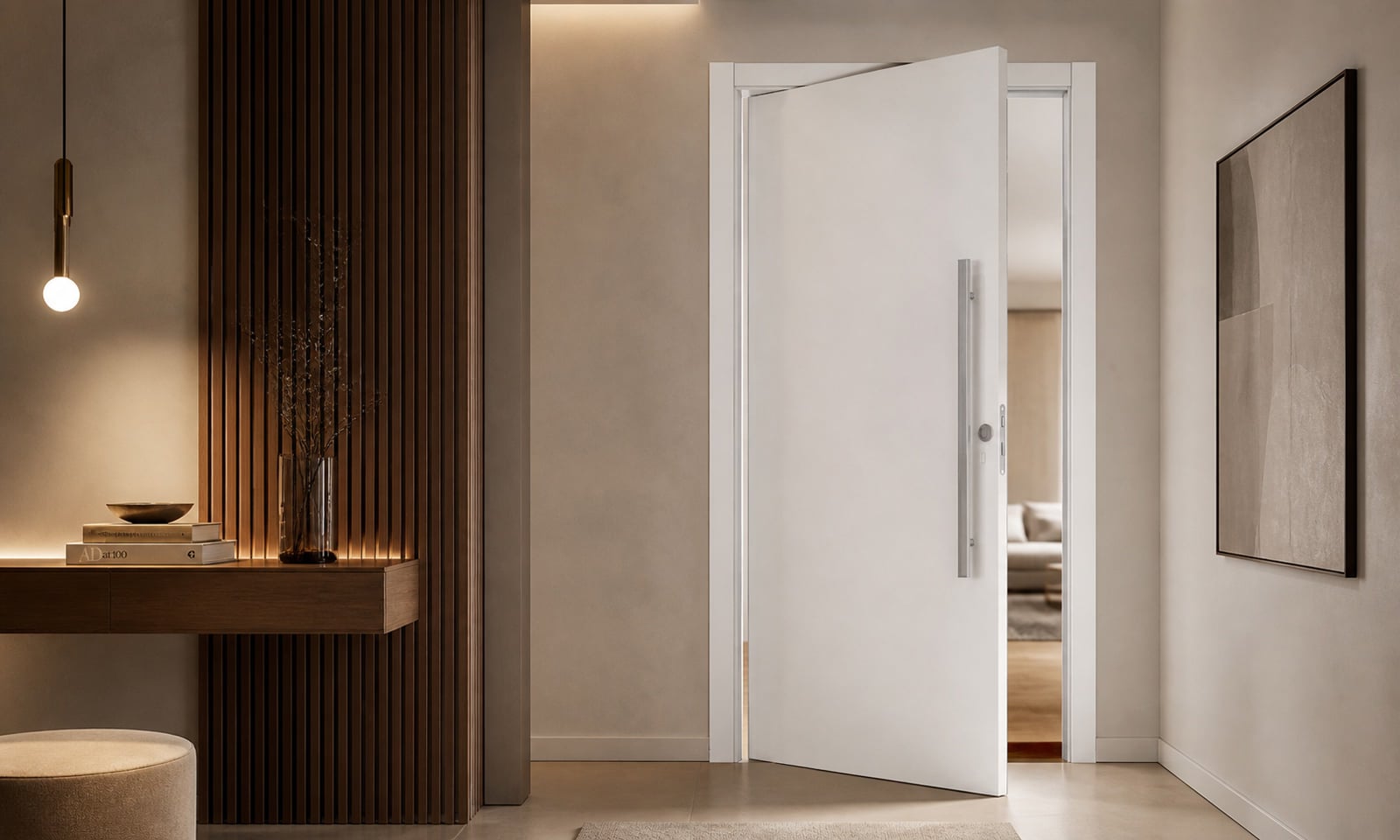 Porta pivotante Rohden em hall contemporâneo, comercializada pela Daflon Portas.